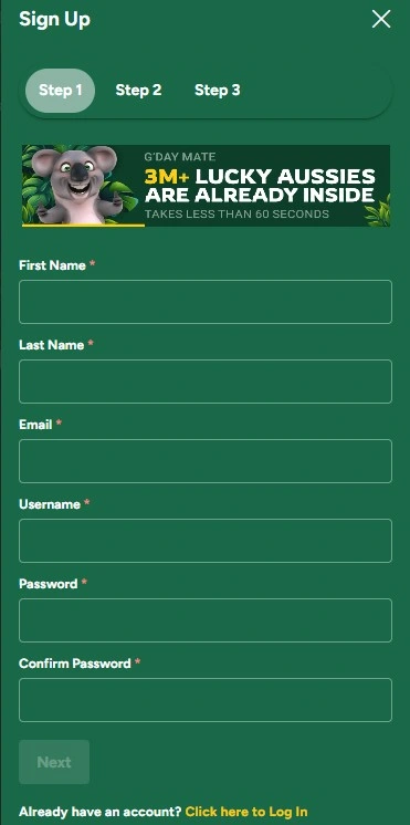Fair Go Casino sign up registration form